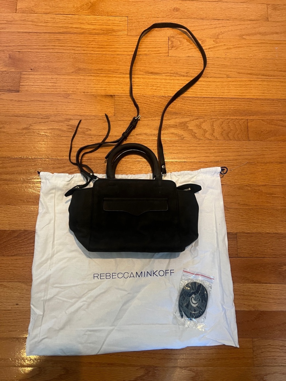 Rebecca Minkoff Black Suede Satchel with Top Handles and Crossbody Strap